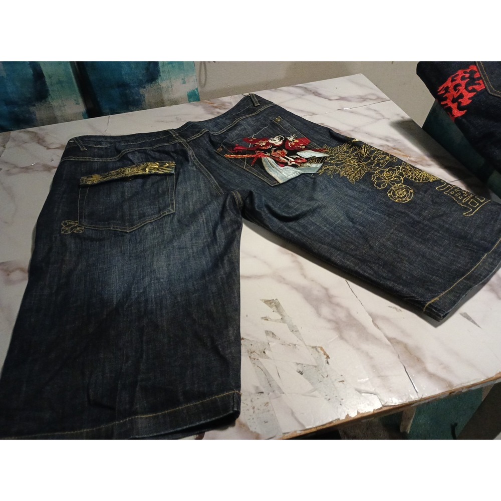 7th 38 Denim Shorts Heavy-graphic Embroidered design streetwear‎ Y2K Hip-hop